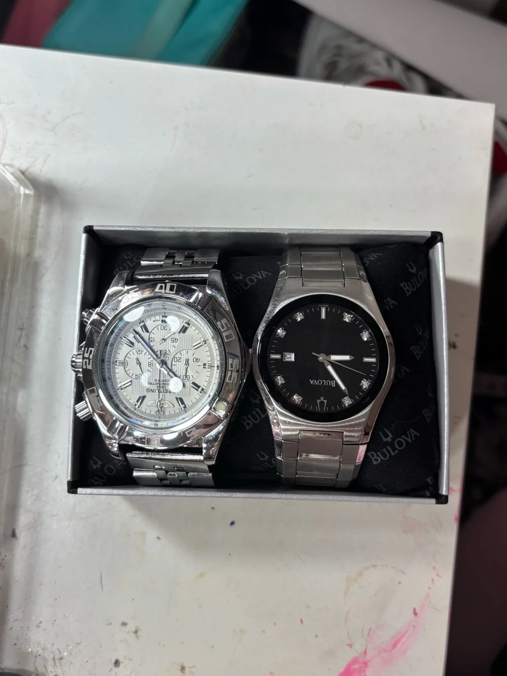 Bulova Silver Stainless Steel Watch Pair with Black and White Dials